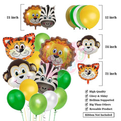 PartyCorp Jungle Safari Happy Birthday Decoration Kit Combo 59 Pcs - Dark Green, Yellow, Light Green & White Latex & Gold Chrome Balloons, Gold Happy Birthday Banner, Animal Head Foil Balloons