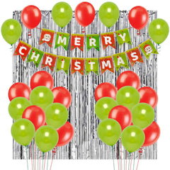 PartyCorp Merry Christmas Decoration Kit Combo 27 - Pcs Light Green, Red Latex Balloons(24 pcs), 1 pc Merry Christmas Printed Banner, 2 pc Silver Big Foil Curtain