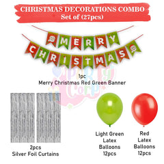PartyCorp Merry Christmas Decoration Kit Combo 27 - Pcs Light Green, Red Latex Balloons(24 pcs), 1 pc Merry Christmas Printed Banner, 2 pc Silver Big Foil Curtain