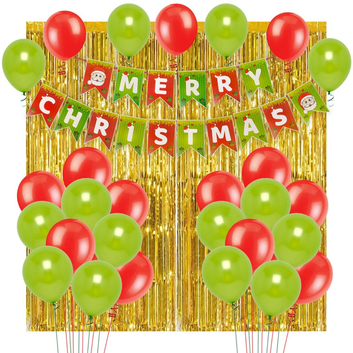 PartyCorp Merry Christmas Decoration Kit Combo 27 Pcs - Light Green, Red Latex Balloons(24 pcs), 1 pc Merry Christmas Printed Banner, 2 pc Gold Big Foil Curtain