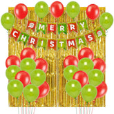 PartyCorp Merry Christmas Decoration Kit Combo 27 Pcs - Light Green, Red Latex Balloons(24 pcs), 1 pc Merry Christmas Printed Banner, 2 pc Gold Big Foil Curtain