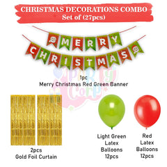 PartyCorp Merry Christmas Decoration Kit Combo 27 Pcs - Light Green, Red Latex Balloons(24 pcs), 1 pc Merry Christmas Printed Banner, 2 pc Gold Big Foil Curtain