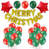 PartyCorp Merry Christmas Decoration Kit Combo 27 Pcs - Dark Green, Red Balloons, Gold Merry Christmas Foil Banner, Red Star Foil Balloon