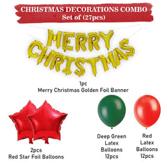PartyCorp Merry Christmas Decoration Kit Combo 27 Pcs - Dark Green, Red Balloons, Gold Merry Christmas Foil Banner, Red Star Foil Balloon