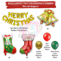 PartyCorp Merry Christmas Decoration Kit Combo 64 Pcs - Dark Green, Red Balloons, Gold Chrome Balloon, Gold Merry Christmas Foil Banner, Large Bell Foil Balloon, 2 Socks Foil Balloon