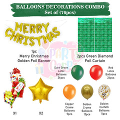 PartyCorp Merry Christmas Decoration Kit Combo 76 Pcs - Dark Green, Red Balloons, Gold & Copper Chrome Balloon, Gold Confetti, Gold Merry Christmas Foil Banner, Green Diamond Curtain, Gold Star Foil Balloon, Large Gift Foil Balloon