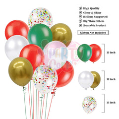 PartyCorp Merry Christmas Decoration Kit Combo 79 Pcs - Dark Green, Red, White Latex Balloons, Gold Chrome Balloons, Multicolour confetti, Gold Merry Christmas Foil Banner, Santa Foil Balloon