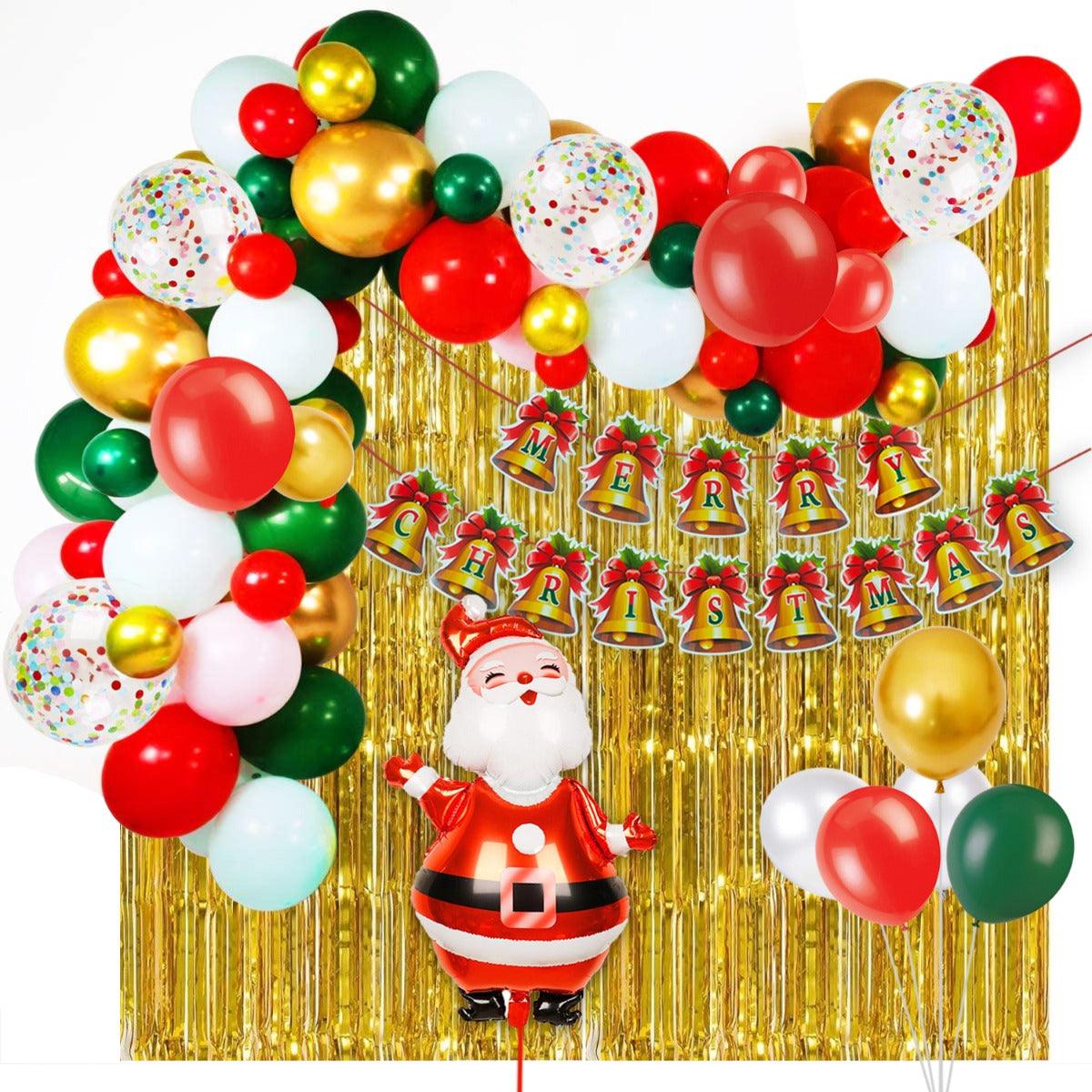 PartyCorp Merry Christmas Decoration Kit Combo 81 Pcs - Dark Green, Red, White Latex Balloons (60 pcs), Gold Chrome Balloons (12 pcs), Multicolour confetti (5 pcs), 1 pc Merry Christmas Printed Banner, 1 pc Santa Foil Balloon,2 pc Gold Big Foil Curtain