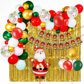 PartyCorp Merry Christmas Decoration Kit Combo 81 Pcs - Dark Green, Red, White Latex Balloons (60 pcs), Gold Chrome Balloons (12 pcs), Multicolour confetti (5 pcs), 1 pc Merry Christmas Printed Banner, 1 pc Santa Foil Balloon,2 pc Gold Big Foil Curtain