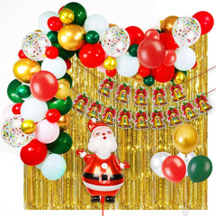 PartyCorp Merry Christmas Decoration Kit Combo 81 Pcs - Dark Green, Red, White Latex Balloons (60 pcs), Gold Chrome Balloons (12 pcs), Multicolour confetti (5 pcs), 1 pc Merry Christmas Printed Banner, 1 pc Santa Foil Balloon,2 pc Gold Big Foil Curtain