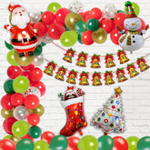 PartyCorp Merry Christmas Decoration Kit Combo 99 Pcs - Dark Green,Red, Light Green Latex Balloons, Gold Chrome Balloons, Multicolour confetti, Merry Christmas Printed Banner, Santa Hats, Santa Socks, X-Mas Tree, Snow Man Foil Balloon