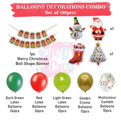 PartyCorp Merry Christmas Decoration Kit Combo 99 Pcs - Dark Green,Red, Light Green Latex Balloons, Gold Chrome Balloons, Multicolour confetti, Merry Christmas Printed Banner, Santa Hats, Santa Socks, X-Mas Tree, Snow Man Foil Balloon