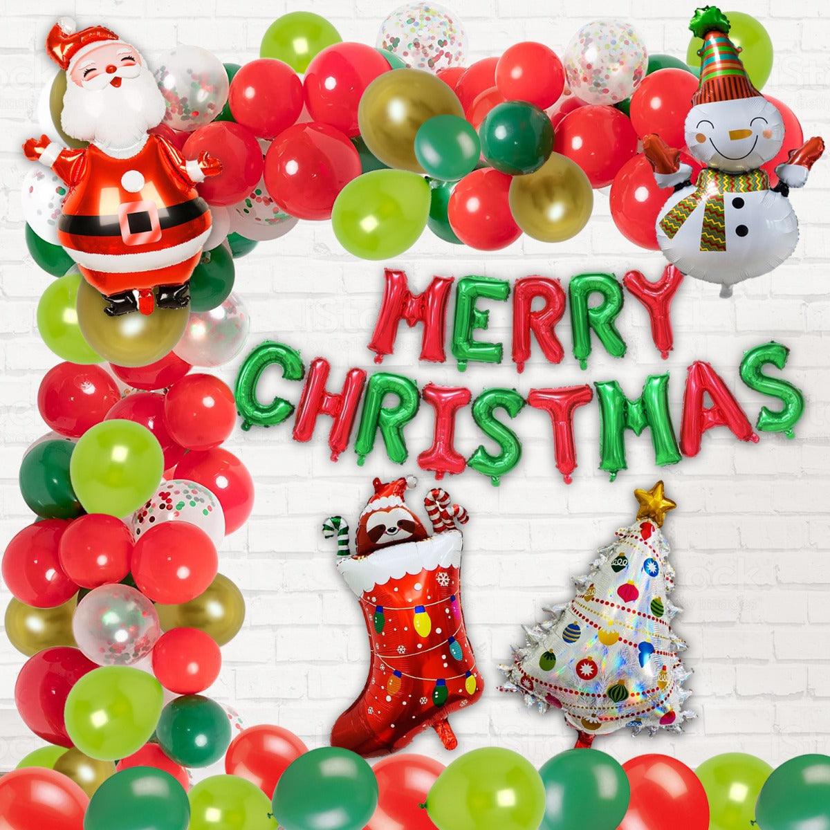 PartyCorp Merry Christmas Decoration Kit Combo 99 Pcs - Dark Green,Red, Light Green Latex Balloons, Gold Chrome Balloons, Multicolour confetti, Merry Christmas Red & Green Foil Banner, Santa Hats, Santa Socks, X-Mas Tree, Snow Man Foil Balloon