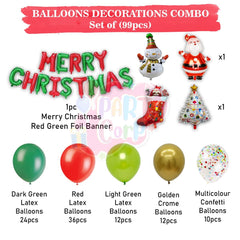 PartyCorp Merry Christmas Decoration Kit Combo 99 Pcs - Dark Green,Red, Light Green Latex Balloons, Gold Chrome Balloons, Multicolour confetti, Merry Christmas Red & Green Foil Banner, Santa Hats, Santa Socks, X-Mas Tree, Snow Man Foil Balloon