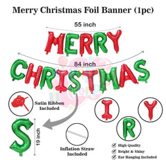 PartyCorp Merry Christmas Decoration Kit Combo 99 Pcs - Dark Green,Red, Light Green Latex Balloons, Gold Chrome Balloons, Multicolour confetti, Merry Christmas Red & Green Foil Banner, Santa Hats, Santa Socks, X-Mas Tree, Snow Man Foil Balloon