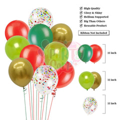 PartyCorp Merry Christmas Decoration Kit Combo 99 Pcs - Dark Green,Red, Light Green Latex Balloons, Gold Chrome Balloons, Multicolour confetti, Merry Christmas Red & Green Foil Banner, Santa Hats, Santa Socks, X-Mas Tree, Snow Man Foil Balloon