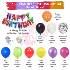PartyCorp Multi-colour Rainbow Happy Birthday Decoration Kit Combo 80 Pcs - Black, White, Orange, Blue, Green, Red, Yellow, Purple, Pink & Multicolour Confetti, Multicolour Happy Birthday Banner