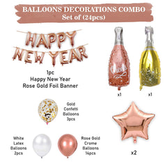 PartyCorp New Year Decoration Kit Combo 24 Pcs - Rose Gold, White, Confetti Chrome Balloon, Rose Gold HNY Foil Banner,(Rose Gold Star, Wine and Champagne Bottle) Foils