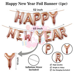 PartyCorp New Year Decoration Kit Combo 24 Pcs - Rose Gold, White, Confetti Chrome Balloon, Rose Gold HNY Foil Banner,(Rose Gold Star, Wine and Champagne Bottle) Foils