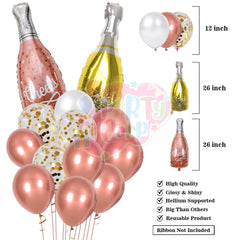 PartyCorp New Year Decoration Kit Combo 24 Pcs - Rose Gold, White, Confetti Chrome Balloon, Rose Gold HNY Foil Banner,(Rose Gold Star, Wine and Champagne Bottle) Foils