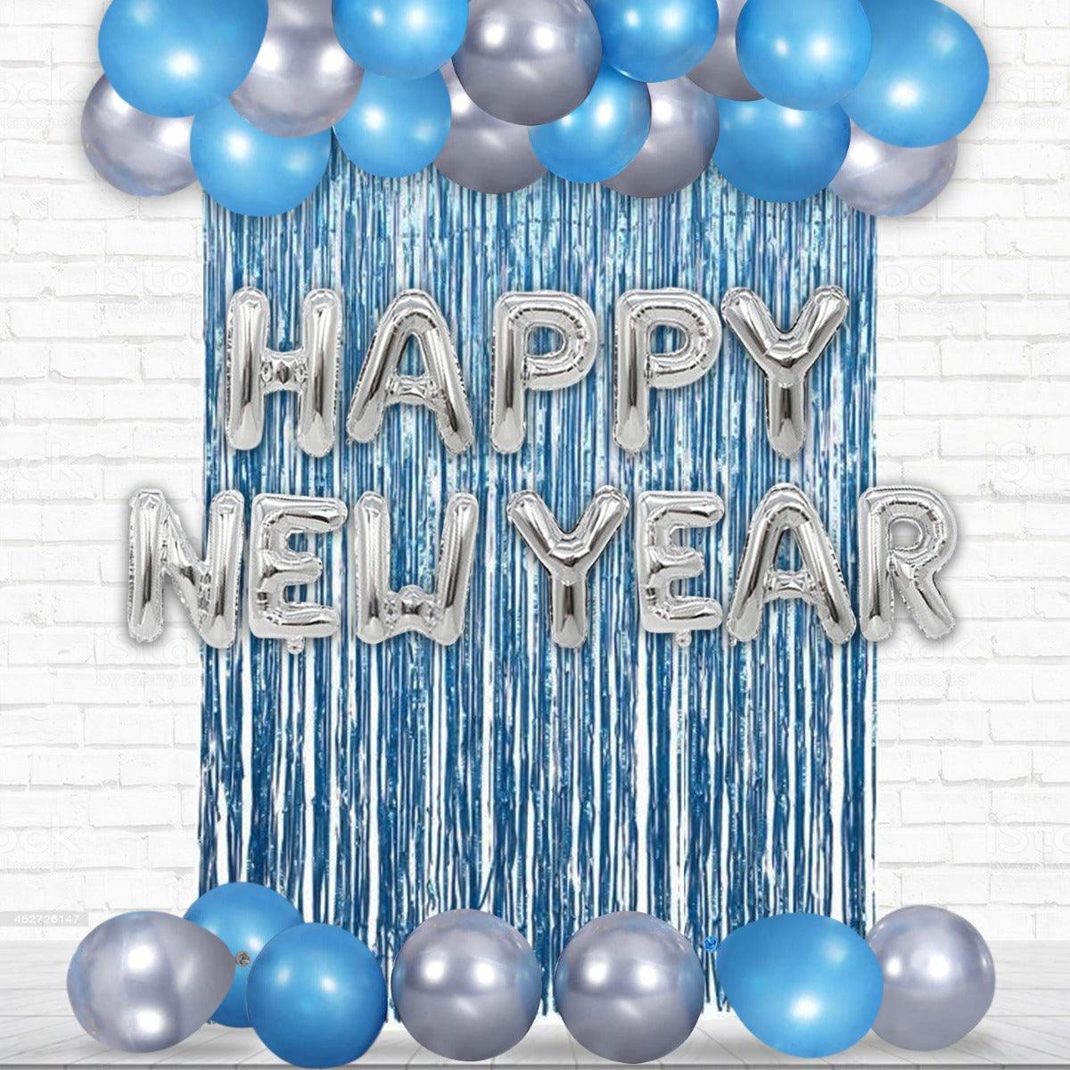 PartyCorp New Year Decoration Kit Combo 27 Pcs - Silver, Blue Chrome Balloon, Silver Happy New Year Foil Banner, Blue Foil Curtain