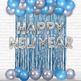 PartyCorp New Year Decoration Kit Combo 27 Pcs - Silver, Blue Chrome Balloon, Silver Happy New Year Foil Banner, Blue Foil Curtain