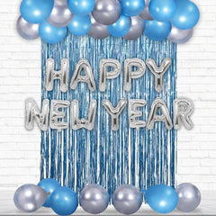 PartyCorp New Year Decoration Kit Combo 27 Pcs - Silver, Blue Chrome Balloon, Silver Happy New Year Foil Banner, Blue Foil Curtain