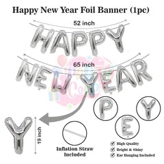 PartyCorp New Year Decoration Kit Combo 27 Pcs - Silver, Blue Chrome Balloon, Silver Happy New Year Foil Banner, Blue Foil Curtain