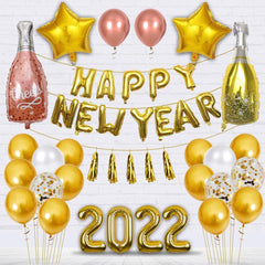 PartyCorp New Year Decoration Kit Combo 29 Pcs - Gold, Rose Gold, White, Gold Confetti Chrome Balloon, Gold HNY Banner, Gold Tassels, (Gold Star,2022 Digit,Wine,Champagne Bottle) Foils