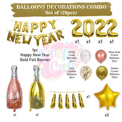 PartyCorp New Year Decoration Kit Combo 29 Pcs - Gold, Rose Gold, White, Gold Confetti Chrome Balloon, Gold HNY Banner, Gold Tassels, (Gold Star,2022 Digit,Wine,Champagne Bottle) Foils