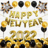 PartyCorp New Year Decoration Kit Combo 31 Pcs - Gold Chrome, Black Latex Balloon, Gold HNY Banner, Happy New Year Star, 2022 Digit Foil Balloons