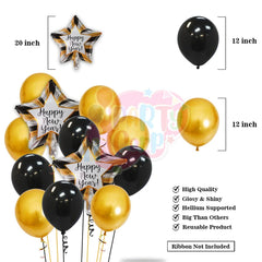 PartyCorp New Year Decoration Kit Combo 31 Pcs - Gold Chrome, Black Latex Balloon, Gold HNY Banner, Happy New Year Star, 2022 Digit Foil Balloons