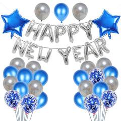 PartyCorp New Year Decoration Kit Combo 32 Pcs - Silver, Blue Chrome Balloon, Blue Confetti, Silver Happy New Year Foil Banner, Blue Star Foil Balloon