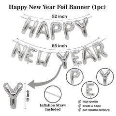 PartyCorp New Year Decoration Kit Combo 32 Pcs - Silver, Blue Chrome Balloon, Blue Confetti, Silver Happy New Year Foil Banner, Blue Star Foil Balloon