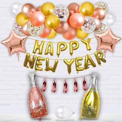 PartyCorp New Year Decoration Kit Combo 42 Pcs - Rose Gold, Gold, White Chrome, Confetti Balloon, Gold HNY Banner, Tassel, (Rose Gold Star, Wine and Champagne Bottle) Foils