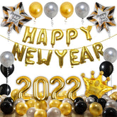 PartyCorp New Year Decoration Kit Combo 44 Pcs - Gold, Silver Chrome Balloons, Black Latex Balloon, Gold Happy New Year Foil Banner, Gold Crown, Happy New Year Star, 2022 Digit Foil Balloons