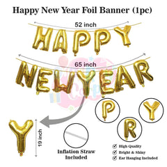 PartyCorp New Year Decoration Kit Combo 45 Pcs - Rose Gold, White, Gold, Confetti Chrome Balloon, Rose Gold HNY Foil Banner, Silver Curtain, Tassels, (Rose Gold Star, Wine and Champagne Bottle) Foils