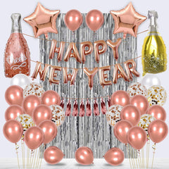 PartyCorp New Year Decoration Kit Combo 45 Pcs - Rose Gold, White, Gold, Confetti Chrome Balloon, Rose Gold HNY Foil Banner, Silver Curtain, Tassels, (Rose Gold Star, Wine and Champagne Bottle) Foils