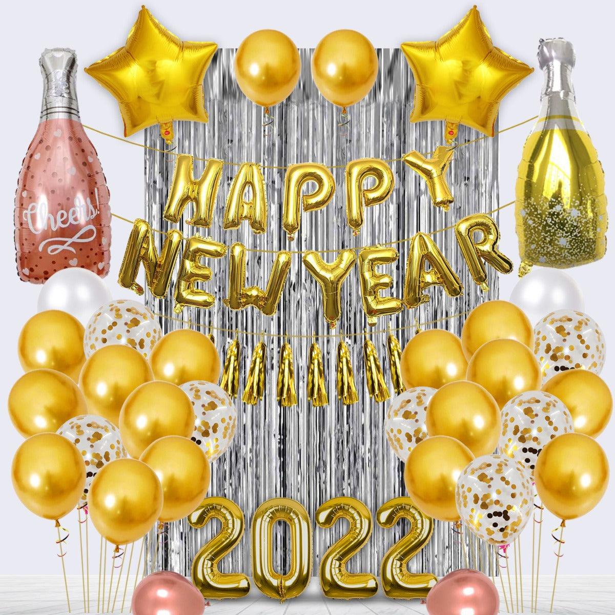 PartyCorp New Year Decoration Kit Combo 49 Pcs - Gold, Rose Gold, White, Gold Confetti Chrome Balloon, Gold HNY Banner, Silver Curtain, Gold Tassels, (Gold Star,2022 Digit,Wine,Champagne Bottle) Foils