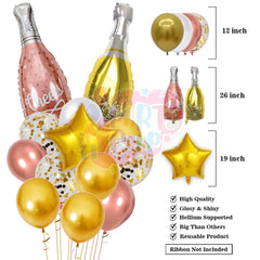 PartyCorp New Year Decoration Kit Combo 49 Pcs - Gold, Rose Gold, White, Gold Confetti Chrome Balloon, Gold HNY Banner, Silver Curtain, Gold Tassels, (Gold Star,2022 Digit,Wine,Champagne Bottle) Foils
