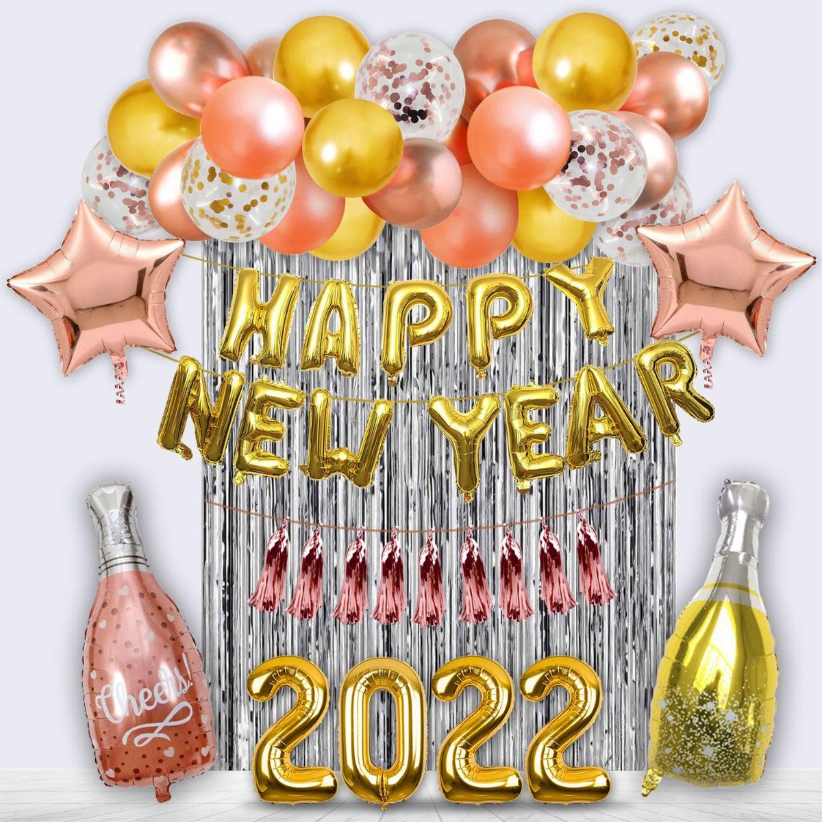 PartyCorp New Year Decoration Kit Combo 49 Pcs - Rose Gold, Gold, White Chrome, Confetti Balloon, Gold HNY Banner, Silver Curtain, Tassel, (Rose Gold Star, 2022 Digit, Wine and Champagne Bottle) Foils