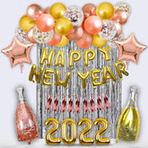 PartyCorp New Year Decoration Kit Combo 49 Pcs - Rose Gold, Gold, White Chrome, Confetti Balloon, Gold HNY Banner, Silver Curtain, Tassel, (Rose Gold Star, 2022 Digit, Wine and Champagne Bottle) Foils