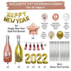 PartyCorp New Year Decoration Kit Combo 49 Pcs - Rose Gold, Gold, White Chrome, Confetti Balloon, Gold HNY Banner, Silver Curtain, Tassel, (Rose Gold Star, 2022 Digit, Wine and Champagne Bottle) Foils