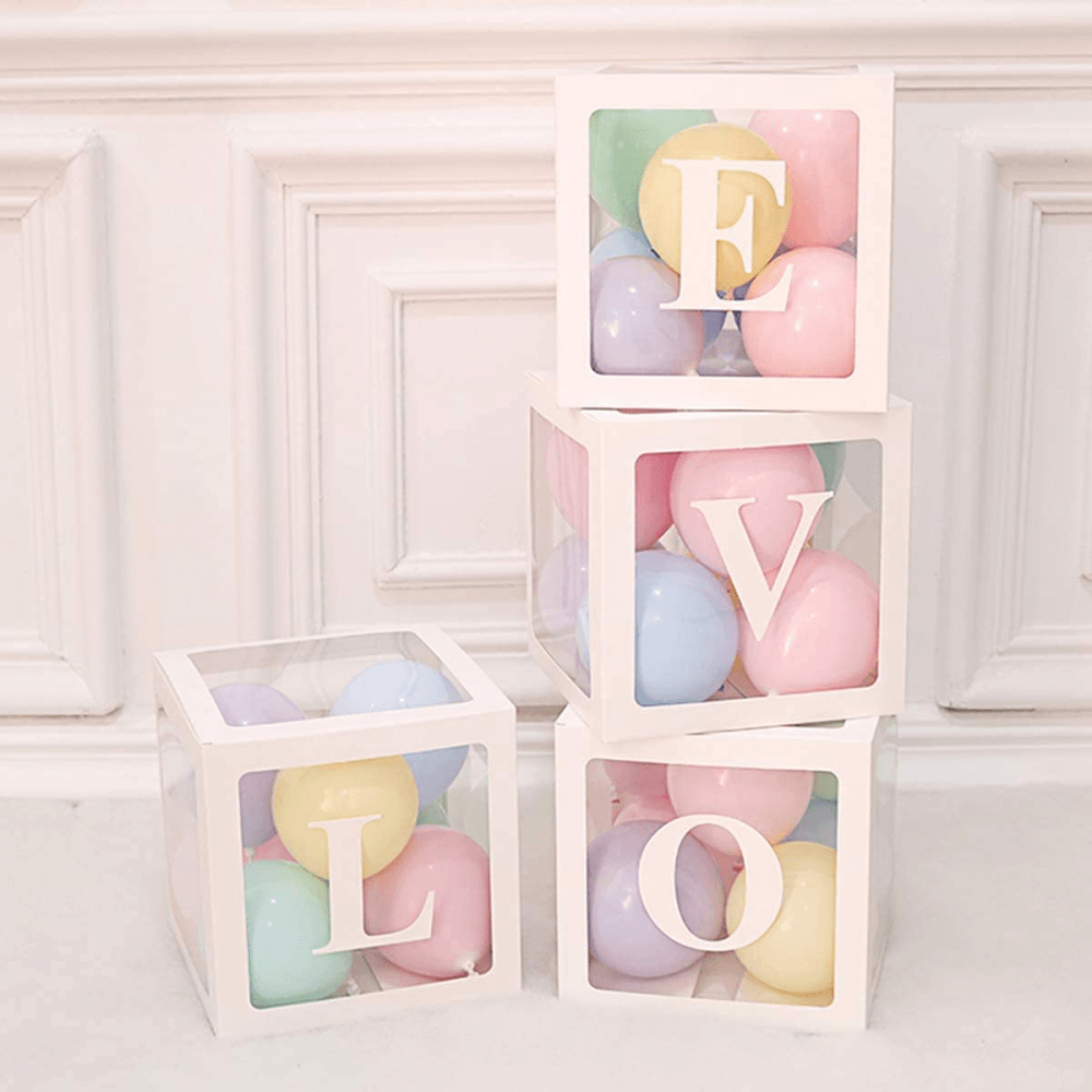 PartyCorp Pink Transparent Surprise Cube Balloon Boxes - LOVE, DIY Pack Of 4, Balloons Not Included