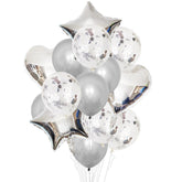 PartyCorp Silver and White Stars, Heart and Confetti Balloon Bouquet, Decoration Set, DIY Pack of 14