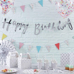 PartyCorp Silver Happy Birthday Alphabets Letters Banner Decoration for All Ages, Birthday Party Supplies