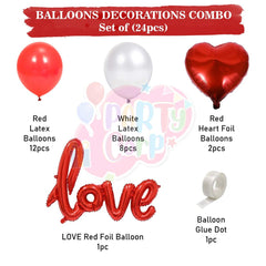 PartyCorp Valentines, Anniversary, Heart Decoration Kit Combo 24 Pcs - Red & White Latex Balloon, Red Heart Foil, Love Foil Banner