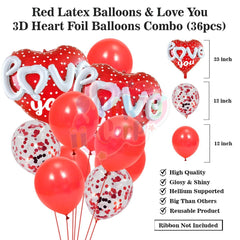 PartyCorp Valentines, Anniversary, Heart Decoration Kit Combo 49 Pcs - Red Latex & Confetti Balloon, 3D Love You Heart Foil