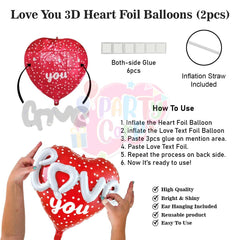 PartyCorp Valentines, Anniversary, Heart Decoration Kit Combo 49 Pcs - Red Latex & Confetti Balloon, 3D Love You Heart Foil