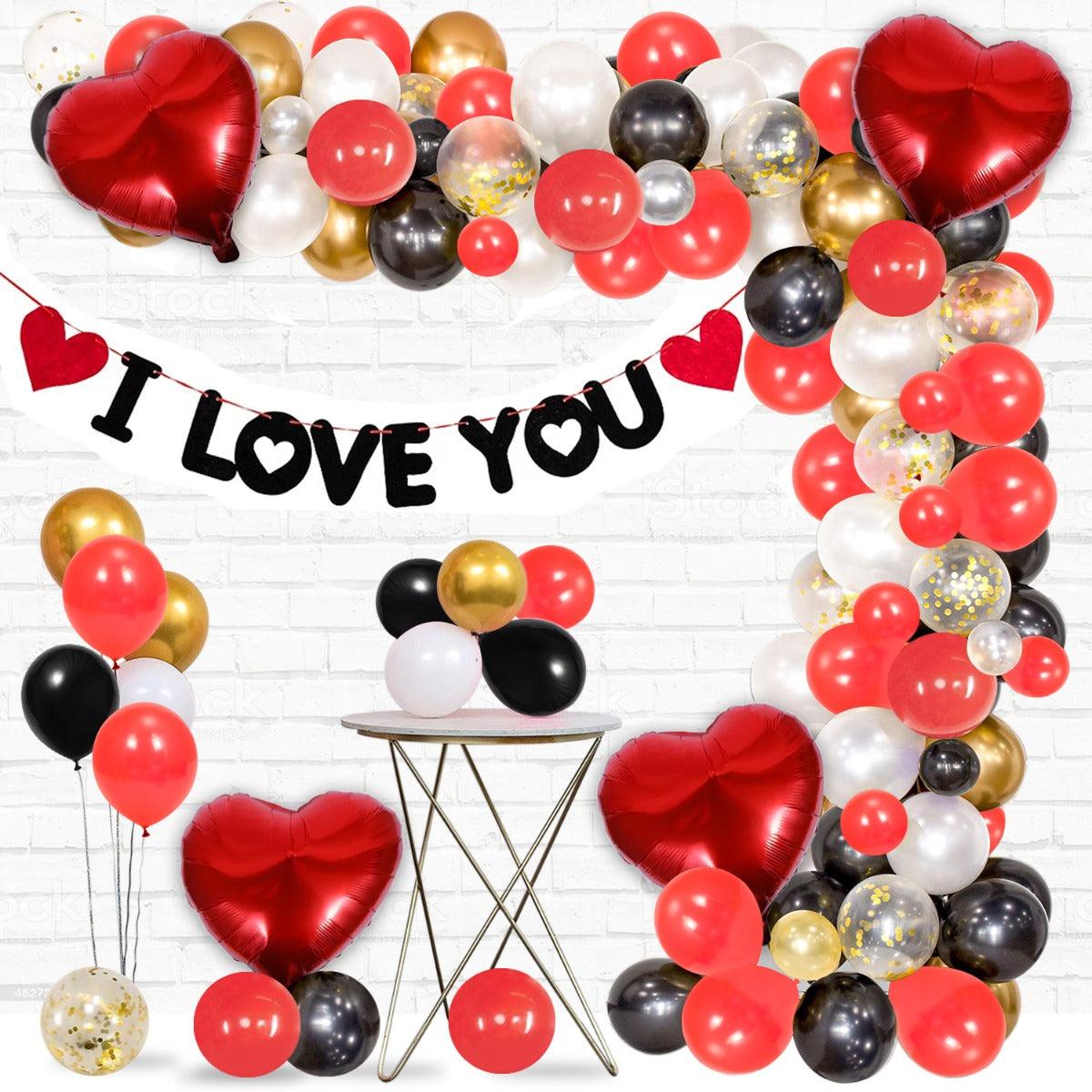 PartyCorp Valentines, Anniversary, Heart Decoration Kit Combo 108 Pcs - Gold Chrome, Red, Black, White Latex & Gold Confetti Balloons, Red Heart Foil, I Love You Letter Banner
